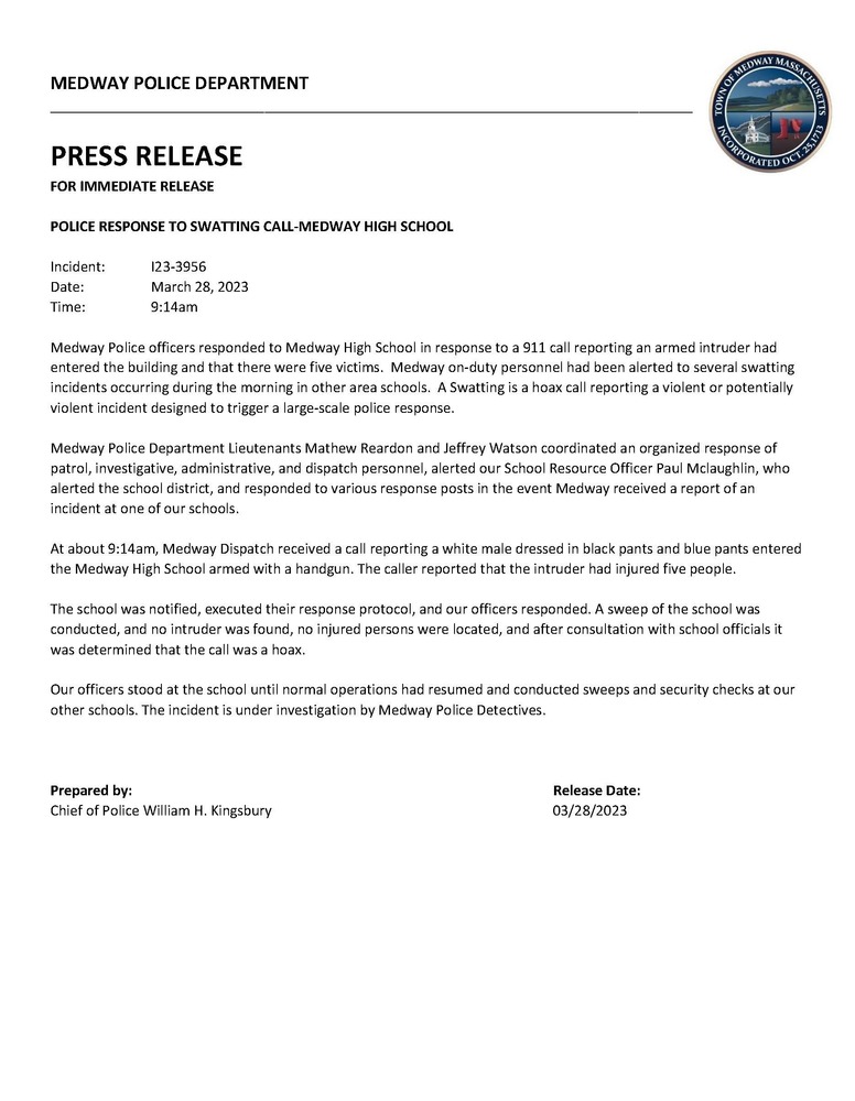 Press Release by Chief William Kingsbury