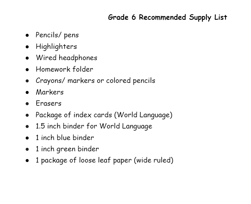 6th grade recommended supply list 