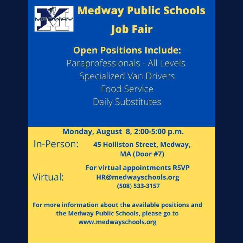 Medway Public Schools is offering a job fair on August 8,  2022